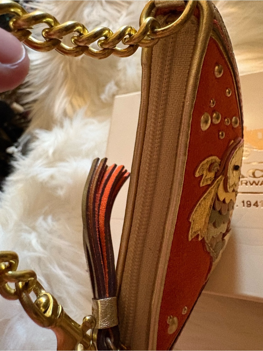 RARE COACH VINTAGE KOI FISH MULTICOLOR GOLD ORANGE LEATHER BRASS CHAIN WRISTLET - Picture 6 of 15